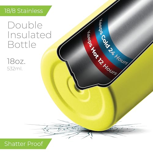 SipX™ 18 oz Insulated Water Bottle with 3 Lids – Leakproof Stainless Steel, Triple Insulated – Cold 24 Hours/Hot 12 Hours – Durable Bottle for School, Gym, Travel – Yellow - color: Yellow, size: 18 Ounces