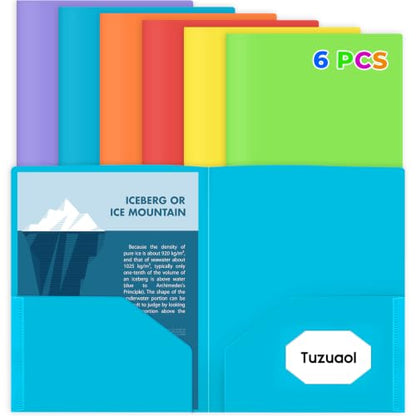 6 Pack Plastic Two Pocket Folders, Heavy Duty Plastic Folders for School, Home Multicolor