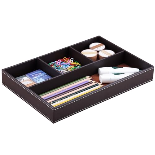 KINGFOM Pu Leather Desk Organizer Tray, 4 Compartment Office Storage Supplies Stationery Drawer Tray, Nightstand Bedside Tray for Key, Wallet, Watch, Coin, Phone Valet Tray Stackable - color: Brown