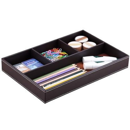 KINGFOM Pu Leather Desk Organizer Tray, 4 Compartment Office Storage Supplies Stationery Drawer Tray, Nightstand Bedside Tray for Key, Wallet, Watch, Coin, Phone Valet Tray Stackable - color: Brown