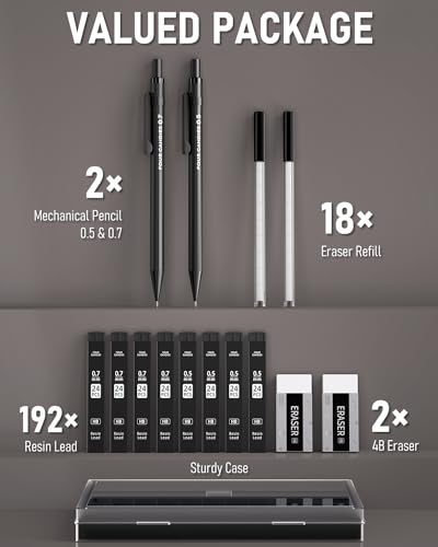 Four Candies Metal Mechanical Pencils 0.5 & 0.7 mm, 2PCS Mechanical Pencils with Dual Spring, 8 Tubes Lead Refills, 2PCS 4B Erasers and 18PCS Eraser Refills, Mechanical Pencil Set for Writing Drawing