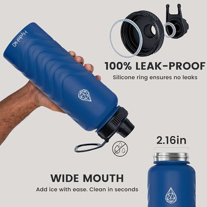 24oz Stainless Steel Insulated Water Bottle, 48H Ice Cold & 24H Hot, Leak-Proof Wide Mouth Lids (Straw & Spout), BPA-Free Bottles, Mens Water Bottle for Gym, Hiking, Travel - Blue - color: Blue, size: 24 Ounces