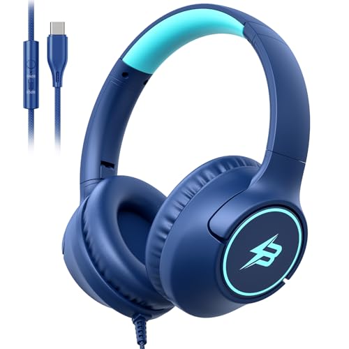 Kids Headphones Wired with USB C Plug, 85/94 dB Volume Limit Foldable USB Type C Headphones for Kids Boys Girls, Plug in Headphones Corded Over Ear Wired Headphones for School/Tablet/Travel, Navy Blue - color: Dark Blue