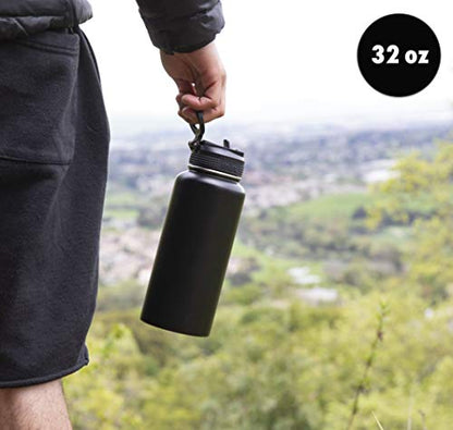 MIRA 32 oz Insulated Water Bottle - Stainless Steel Sports Flask with 2 Lids (Straw & Handle) - Cold Drink Thermo - Black - color: Solid - Black
