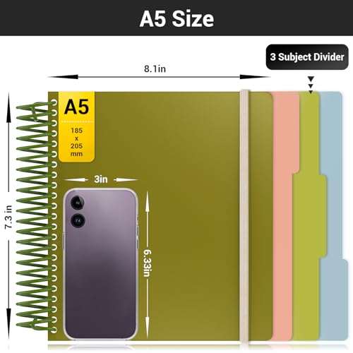 EUSOAR Spiral Notebook, 1 Pack A5 7.3" x 8.1" Lined Spiral Notebook Journal, Cute Women Journal Notebook 240 Pages 90gsm Thick Paper with Dividers for Math, Science and Engineering Students-Green - color: Green, style: A5 Lined