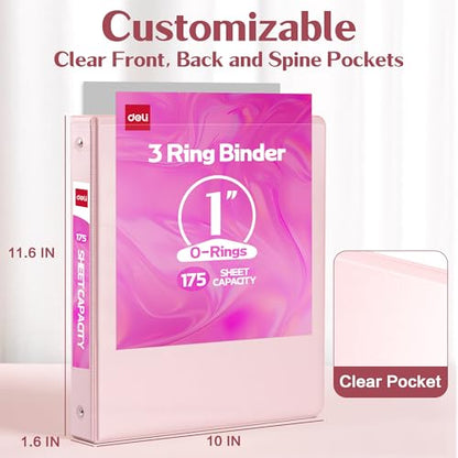 Deli 1-inch 3 Ring Binder with 2 Interior Pockets, 175 Sheets Capacity, 1 inch Binders fits 11" x 8.5" US Letter Size, Pink, 2 Pack