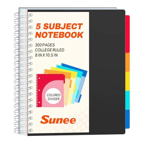 SUNEE Spiral Notebooks for Work with Removable Dividers & Tabs – College Ruled 5 Subject, 300 Pages, 3 Hole Punched, Durable PP Cover, 8"x10.5" – Notebooks for Office or School, Black - color: Black, style: College Ruled