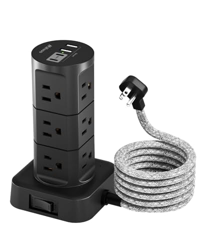 Charging Station Tower, Power Strips with Surge Protection, Flat Plug, 12 Outlets 4 USB Ports, 1875W/15A 1080J 6Ft Extension Cord with Multiple Outlets, Office Desk Supplies, Dorm Essentials, Black - color: Black, size: 6 FT