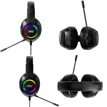 AOC Gaming Headset, Black Wired Gaming Headphones with 50mm Drivers, RGB USB Corded Headphone for PC/Laptops, Over Ear Headset with Mic for PS4/PS5/NS Switch(Docked Mode), ACG2510