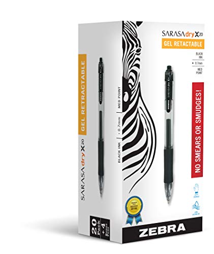 Zebra Pen SARASA Dry X20 Retractable Gel Pens, 0.7mm Medium Point, 20 Black, 2 Blue, 2 Red Ink, Feature Rapid Fast Dry Ink Technology, Ideal for the Left-Handed, Eliminates Smearing, 24-Pack (14680) - color: Black/Blue/Red
