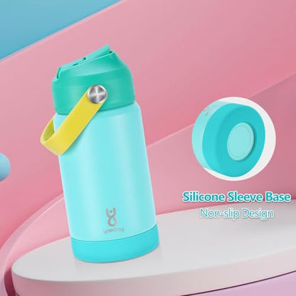 Kids Insulated Water Bottle with Straw Lid & Silicone Handle,12oz Kids Leak Proof Water Bottle for School Boys Girls,Double Wall Vacuum Stainless Steel with Non-slip Silicone Base(Lake Blue) - color: Light Blue, size: 12 Ounces