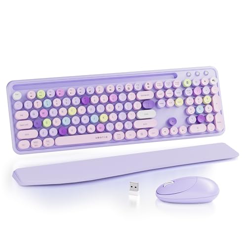 UBOTIE Ergonomic Wireless Keyboard and Mouse Combo with Phone Holder Wrist Rest, Round Colorful Keys, Power Switches, 2.4GHz USB Receiver, Full-Size QWERTY Layout for PC Laptop (Purple Colorful) - color: Purple Colorful