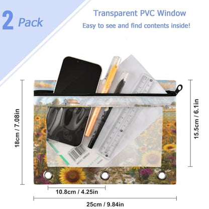 Studying 2 Pack Sunflower Field White Highland Cow 3 Ring Binder Pencil Pouch Bags,Clear Window Zipper Storage Case for Boys Girls School Office Supplies Cosmetics Organizers - color: Multi-highland Cow