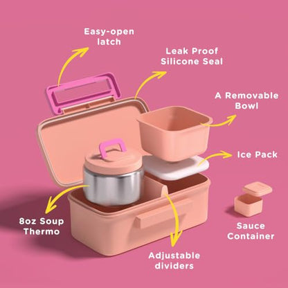 Bento Lunch Box for Kids With 8oz Food Thermo,BPA-Free for School | Lunch Container with 2 Compartments, Insulated Food Jar, Dishwasher Safe, Easy to Clean, Lunch Box for Girls Boys - color: Pink Mermaid1