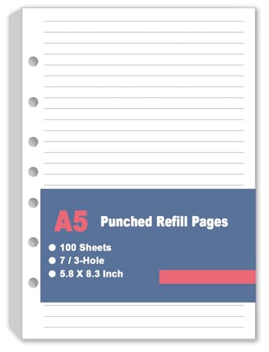 7-Hole Lined Refills Paper, A5 Filler Paper for Planner Inserts, A5 Loose Leaf Paper, 7 or 3 Hole Refills, 100 Sheets/200 Pages, College Ruled, 5.8 X 8.25 Inch