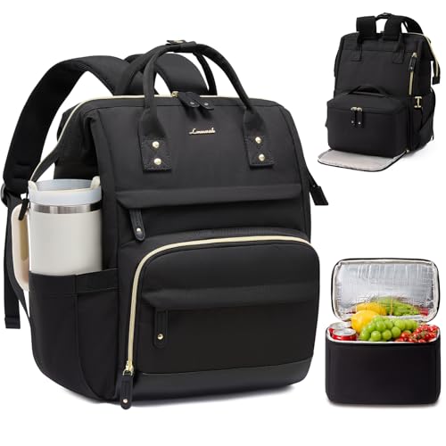 LOVEVOOK Lunch Backpack for Women, 15.6 Inch Laptop Backpack with Insulated Lunch Compartment, Built-in Cooler Work Bag, Wide Open Computer Backpack with Tumbler Holder, Water-Resistant Nurse Teacher - color: Carbon