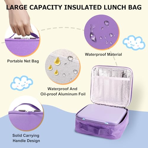 Bento Lunch Box for Kids with Thermo, Leakproof Bento Box with 8oz Insulated Food Jar, Lunch Bag, BPA Free Dishwasher Safe 4 Compartment Container for School Girls Boys (Purple) - color: Purple1
