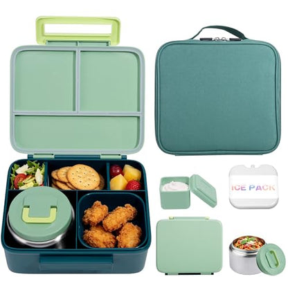 Bento Lunch Box for Kids with 8oz Soup Thermo Leak-Proof Lunch Food Containers with Snack Sauce Container for Kid Girls Boys to School, Green Bag - color: Green Bag