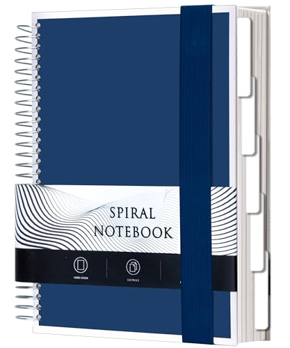 5 Subject Notebook College Ruled Spiral Notebook with Divider Tabs 300Page | Thick 100GSM paper offers smooth writing,inner pocket stores loose papers and notes,perfect for school,office and planning - color: Blue