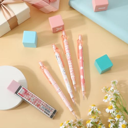 TIESOME Cute Pencil & Lead Refill Set, 4 Pcs Mechanical Pencil Cute, Peach 4 Mechanical Pencils Set for School, Office, Drawing and Gift (with 0.5mm Refills, Pink)