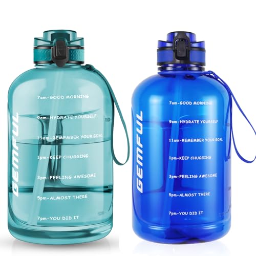 GEMFUL 2 Pack 3 Liter Water Bottle with Straw 101oz BPA-Free Leakproof Water Jug with Time Marker Handle for Gym Fiteness