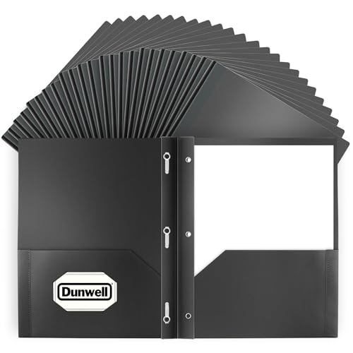 Dunwell Plastic Folders with 3 Prongs, (24 Pack, Black), 2-Pocket Folders with Fasteners, Durable Acid-Free Poly for Long Term Use, Includes Labels - color: Black, size: 24 Pack