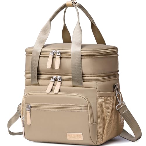 Weitars Insulated Lunch Box for Women Men-Dual Compartment Waterproof Reusable Large Lunch Bag Wide-Open Tote Cooler Bag For Working Picnic Hiking (15L) (Kahki) - color: Kahki