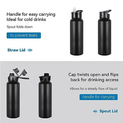 VEGOND 40 oz Insulated Water Bottle Stainless Steel Metal Water Bottles with Leak Proof Straw Lid & Spout Lid, Wide Mouth Double Walled Vacuum Travel Sports Bottle, Black - color: Black, size: 40 Ounces