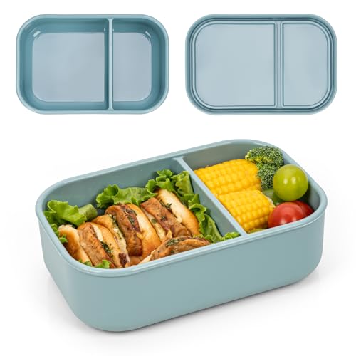 100% Silicone Bento Box Adult with 2 Compartments, 32oz, Reusable Divided Lunch Box Meal Prep Containers for Entree and Side Food Snack Storage, BPA-Free Plastic-Free, Microwave Dishwasher safe, Green - color: Blue | 32oz | 2-Compartment