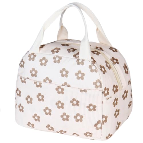 Lunch Bag for Women Men Girl,Large Cute Corduroy Lunch Tote Bags - Reusable Insulated Lunch Box for women with Handle, Leakproof WaterProof Design for Office, School, Work,Picnic. - color: White-coffee-Flower