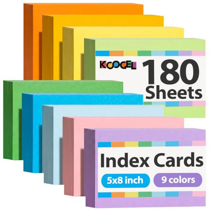 Koogel 180PCS Large Blank Index Cards 5x8, 9 Neon Colors Flash Cards | Notecards for Back To School, Learning Studying Classroom Office Note Taking Recipes Supplies - size: 5x8, style: Unlined