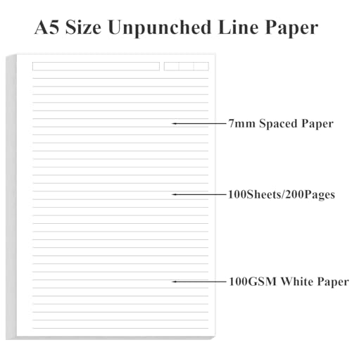 Unpunched Lined Refill Paper - A5 Loose Leaf Paper for Ring Binder/Discbound Notebook Planner Inserts, 100 Sheets/200 Pages,100gsm Ruled White Pages, 5.8" x 8.25” - size: 5.8" x 8.25" - Unpunched, style: 100 Sheets