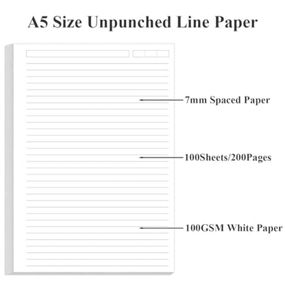Unpunched Lined Refill Paper - A5 Loose Leaf Paper for Ring Binder/Discbound Notebook Planner Inserts, 100 Sheets/200 Pages,100gsm Ruled White Pages, 5.8" x 8.25” - size: 5.8" x 8.25" - Unpunched, style: 100 Sheets