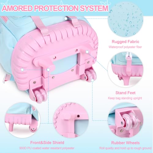 3-IN-1 Rolling Backpack for Girls with Lunch Bag Pencil case, Kawaii Backpack with Wheels for Girls, Roller School Bag with Wheels for Teen Elementary School Bookbags with Cute Pins Aquamarine-Pink - color: Aquamarine-pink