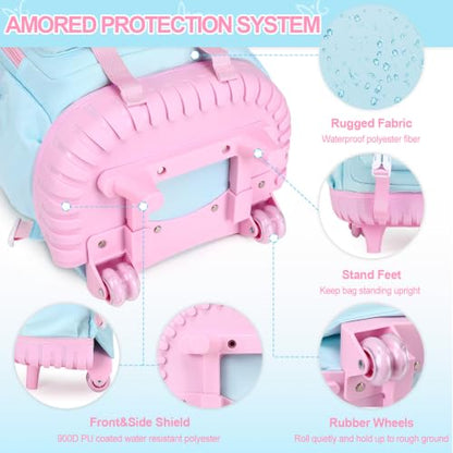3-IN-1 Rolling Backpack for Girls with Lunch Bag Pencil case, Kawaii Backpack with Wheels for Girls, Roller School Bag with Wheels for Teen Elementary School Bookbags with Cute Pins Aquamarine-Pink - color: Aquamarine-pink