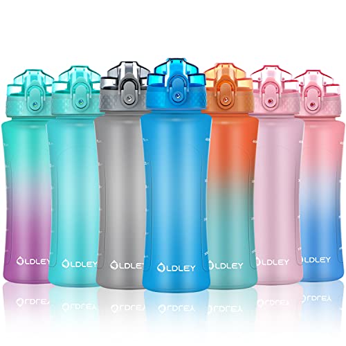 OLDLEY Kids Water Bottle with Straw 15 oz BPA-Free Leak-Proof Motivational Water Bottles with Time Marker for School Sports Travel Gym, Easy to Use for Girls Goys, 1 Straw Lid, Lake - color: Blue, style: Straw Lid
