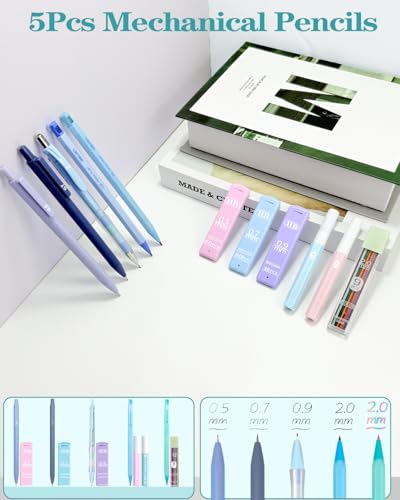 54pcs Aesthetic School Supplies Cute Stationary Set with Pencil Case 12 Highlighters, 5 Black & 6 Color Ink Gel Pens, 6-in-1 Ballpoint Pen,5 Mechanical Pencils 0.5-2.0mm for College Essentials (Blue) - color: Blue