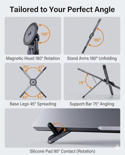 4-in-1 Foldable Laptop Stand, Magnetic Phone Holder & Multi-Angle Tablet Riser, 8-Level Ergonomic Height Adjustable Aluminum Travel Stand Compatible with MacBook, iPad, iPhone, Gunmetal Grey