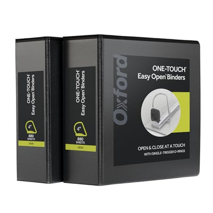Oxford 3 Ring Binders, Binders for School and Office, Durable 4 Inch, ONE-Touch Easy Open D Rings, View Binder Covers, 4 Interior Pockets, PVC-Free, Holds 880 Sheets, Black, 2 Pack (79920) - color: Black