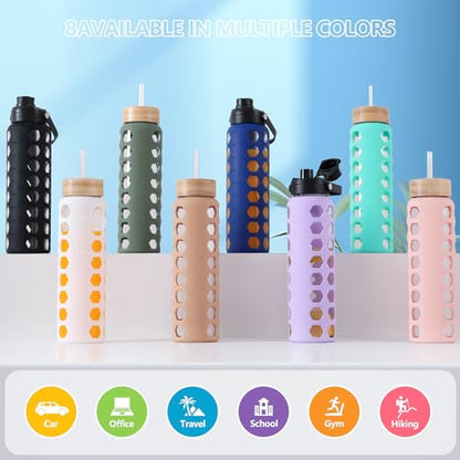MUKOKO Glass Water Bottle, 32oz, Black | Glass Tumbler with Straw, Drinking Bottles with 2 Lids-Handle Spout Lid & Bamboo Straw Lid, Silicone Sleeve, 1 Pack - color: Black, size: 32 Ounces