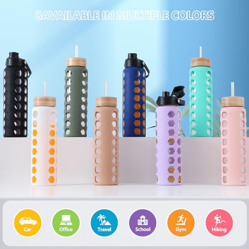 MUKOKO Glass Water Bottle, 32oz, Green | Glass Tumbler with Straw, Drinking Bottles with 2 Lids-Handle Spout Lid & Bamboo Straw Lid, Silicone Sleeve, 1 Pack - color: Green, size: 32 Ounces