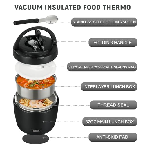 wiwens Thermo Food Jar for Hot Food Adults 32OZ Soup Thermo Lunch Containers Wide Mouth Vacuum Insulated Stainless Steel Leakproof Bento Box with Spoon (Black) - color: Black