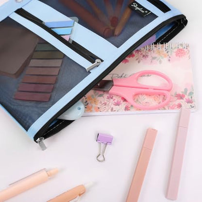SKYDUE 3 Ring Pencil Pouch for Binder, Zipper Binder Pencil Pouch with 3 Pockets and Mesh Window, Durable Organizer for School Supplies, Cables, Earbuds, Makeup - color: Skyblue