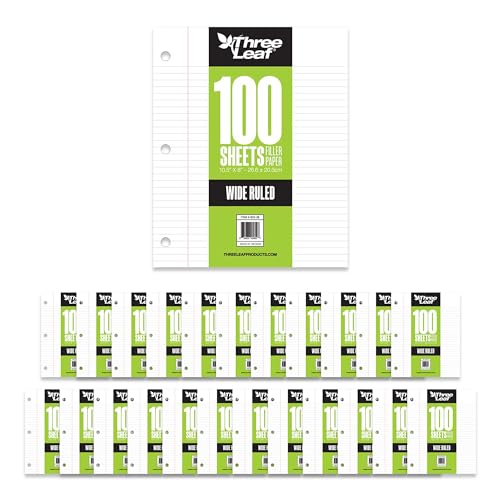 THREE LEAF 100 SHEETS WIDE RULED FILLER PAPER, PACK OF 24, LOOSE-LEAF SHEETS FOR SCHOOL AND OFFICE 100 CT. FILLER PAPER, NOTEBOOK PAPER - color: Wide Ruled, size: Pack of 24