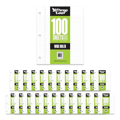 THREE LEAF 100 SHEETS WIDE RULED FILLER PAPER, PACK OF 24, LOOSE-LEAF SHEETS FOR SCHOOL AND OFFICE 100 CT. FILLER PAPER, NOTEBOOK PAPER - color: Wide Ruled, size: Pack of 24