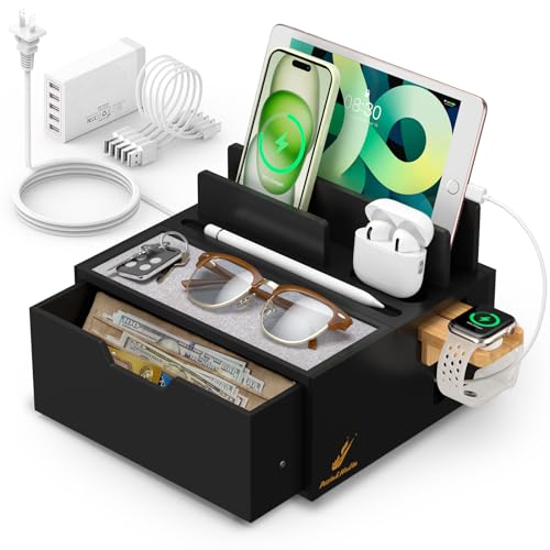 Pezin & Hulin Bamboo Charging Station with Power Charger & Cables-Natural | Nightstand Docking Station with Lined Tray & Drawer for Multi Device, Compatible with Tablet, Cell Phones, Watch & Earbuds - color: #2 Bamboo- Black(With Charger)