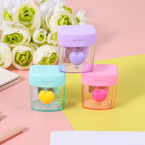 3 PCS Heart Pencil Sharpener, Colorful Dual Holes Pencil Sharpener with Lid Handheld Small Manual Crayon Sharpeners for Home and Office (Green, Purple, Pink)