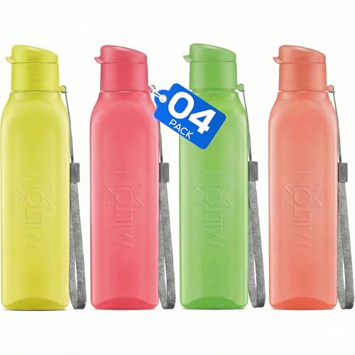 Bulk Water Bottles Set of 4 –17oz Multicolor Sports Bottles for Kids and Adults – Leak Proof Water Bottles with Carry Strap – Square Reusable Bottles for Juice, Drinks – BPA-Free Dishwasher-Safe - color: 4 pack bright