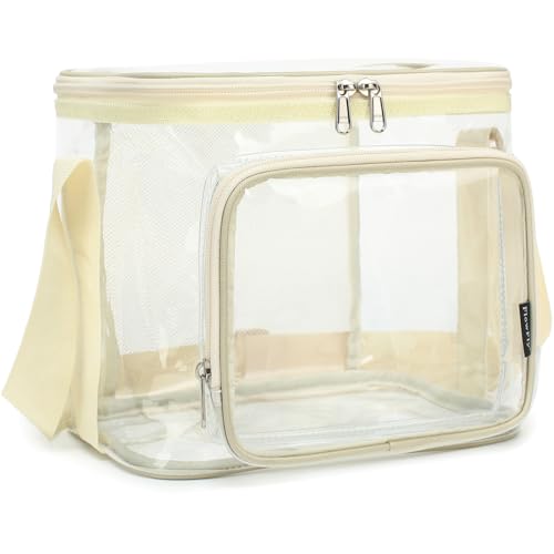 FlowFly Insulated Reusable Lunch Bag Adult Large Lunch Box for Women and Men with Adjustable Shoulder Strap,Front Zipper Pocket and Dual Large Mesh Side Pockets,Clear#Biege - color: Clear#Biege
