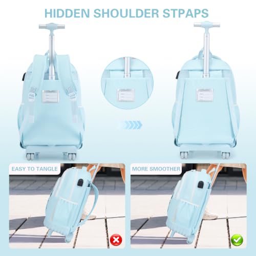 DIGOBAY Rolling Backpack for Girls, Cute Girls Backpack with Wheels, Kids Wheeled backpacks Set with Lunch Bag Pencil Case for Teen Girl, Roller School Bag with Wheels for Elementary Middle School - color: Blue